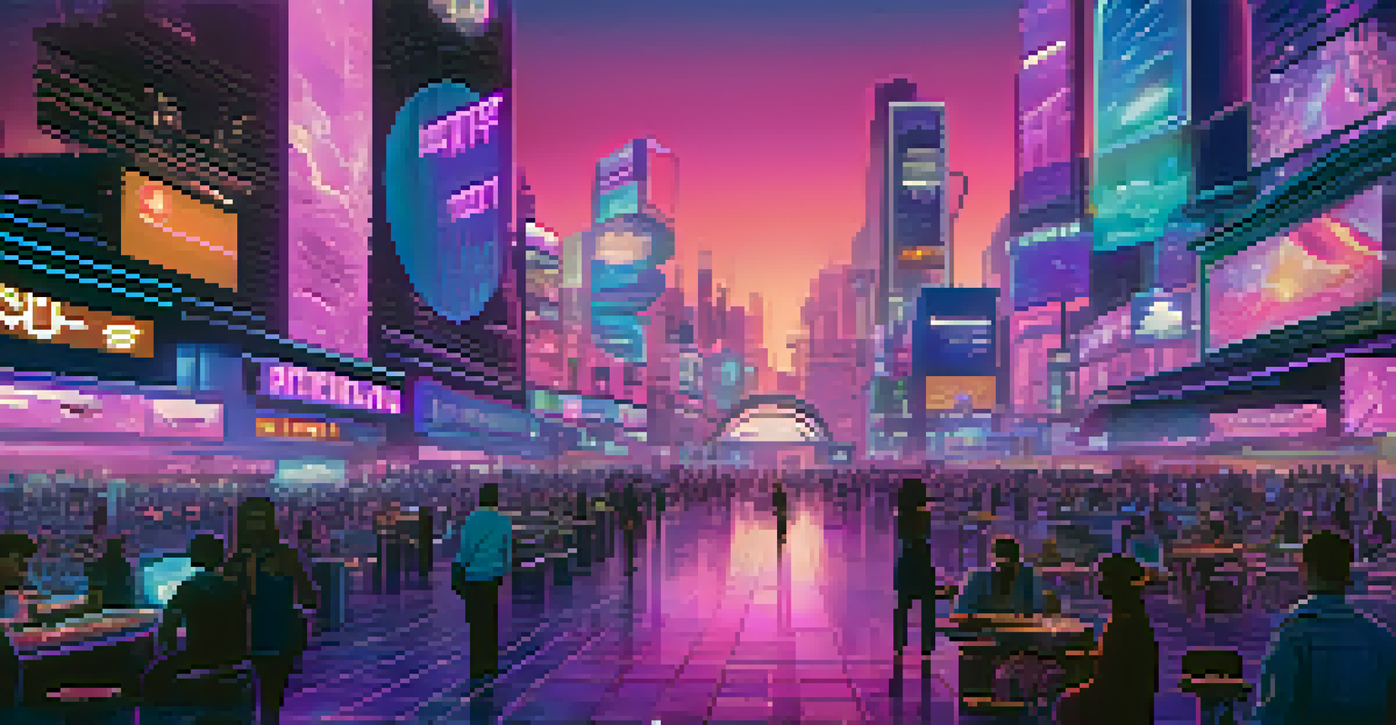 A vibrant metaverse cityscape with neon lights, digital billboards, and avatars interacting in a futuristic landscape.