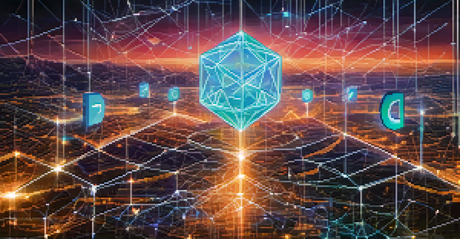 A glowing smart contract document surrounded by vibrant interconnected nodes, representing blockchain transactions in a digital landscape.