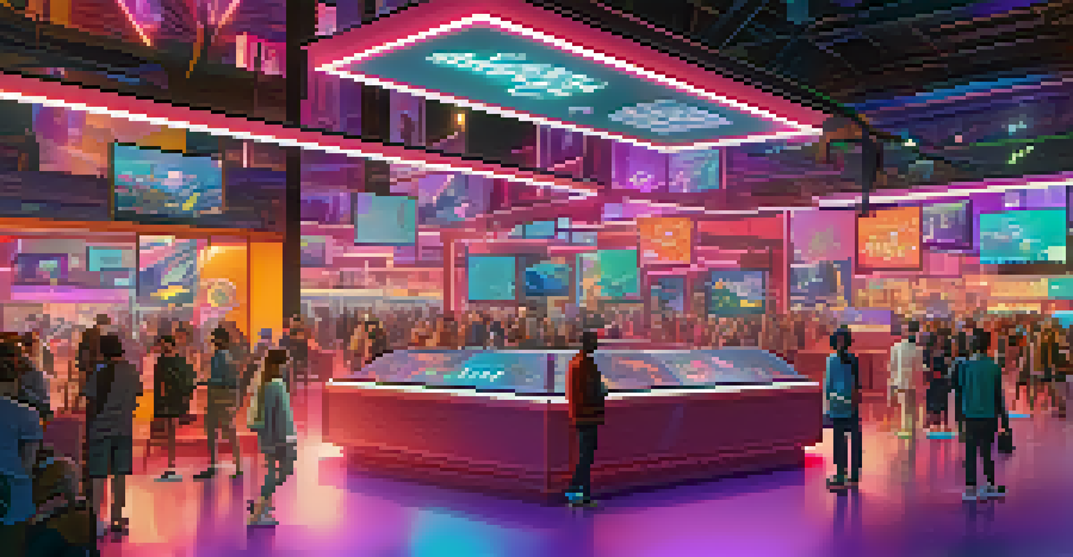 A futuristic virtual marketplace showcasing NFTs with users browsing and interacting in a colorful environment.