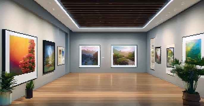 A calm art gallery displaying colorful digital artworks known as NFTs, with warm lighting and wooden floors.