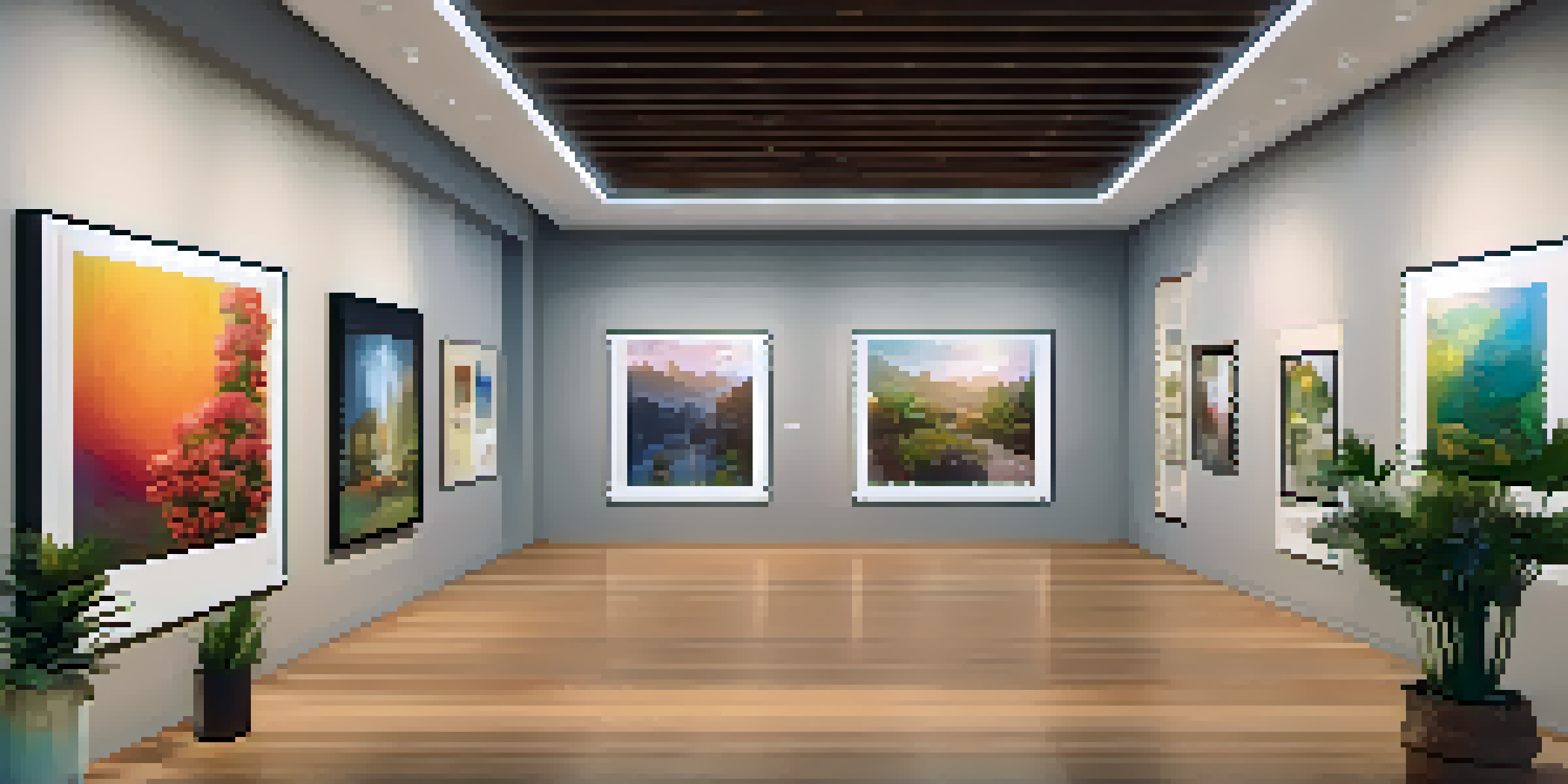 A calm art gallery displaying colorful digital artworks known as NFTs, with warm lighting and wooden floors.