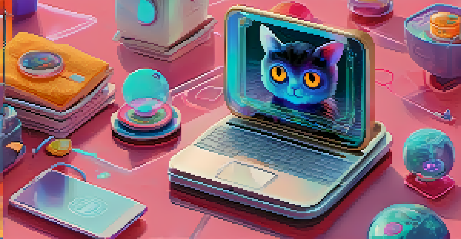 A futuristic digital device displaying a cute robotic virtual pet NFT that interacts with its owner, surrounded by lively digital effects.