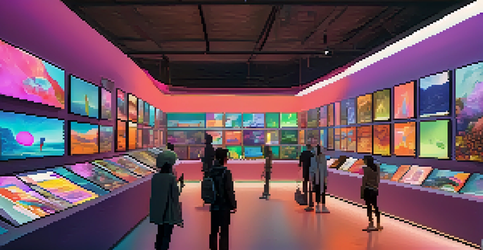 A digital art marketplace with various NFTs, creators and collectors interacting in a modern gallery filled with colorful artwork.