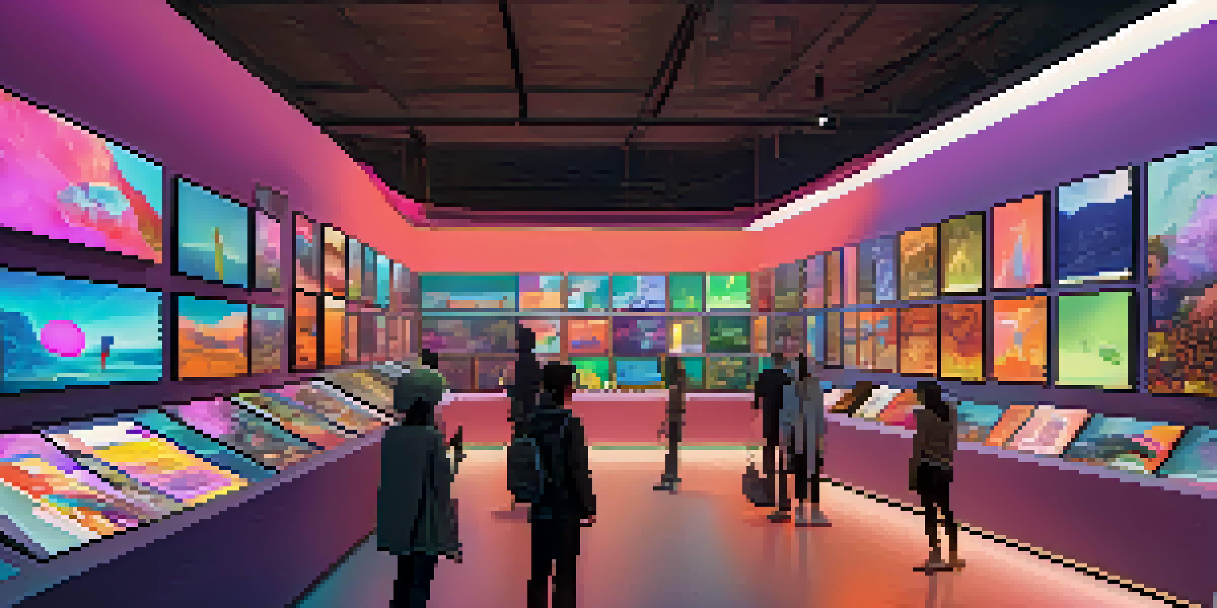 A digital art marketplace with various NFTs, creators and collectors interacting in a modern gallery filled with colorful artwork.