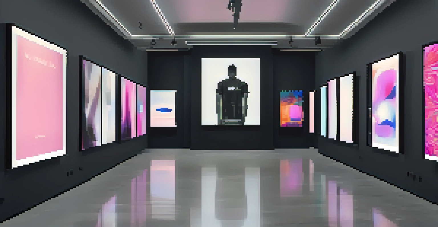 A modern gallery displaying digital NFTs of unique garments on screens, with a minimalist decor and soft lighting highlighting the artworks.