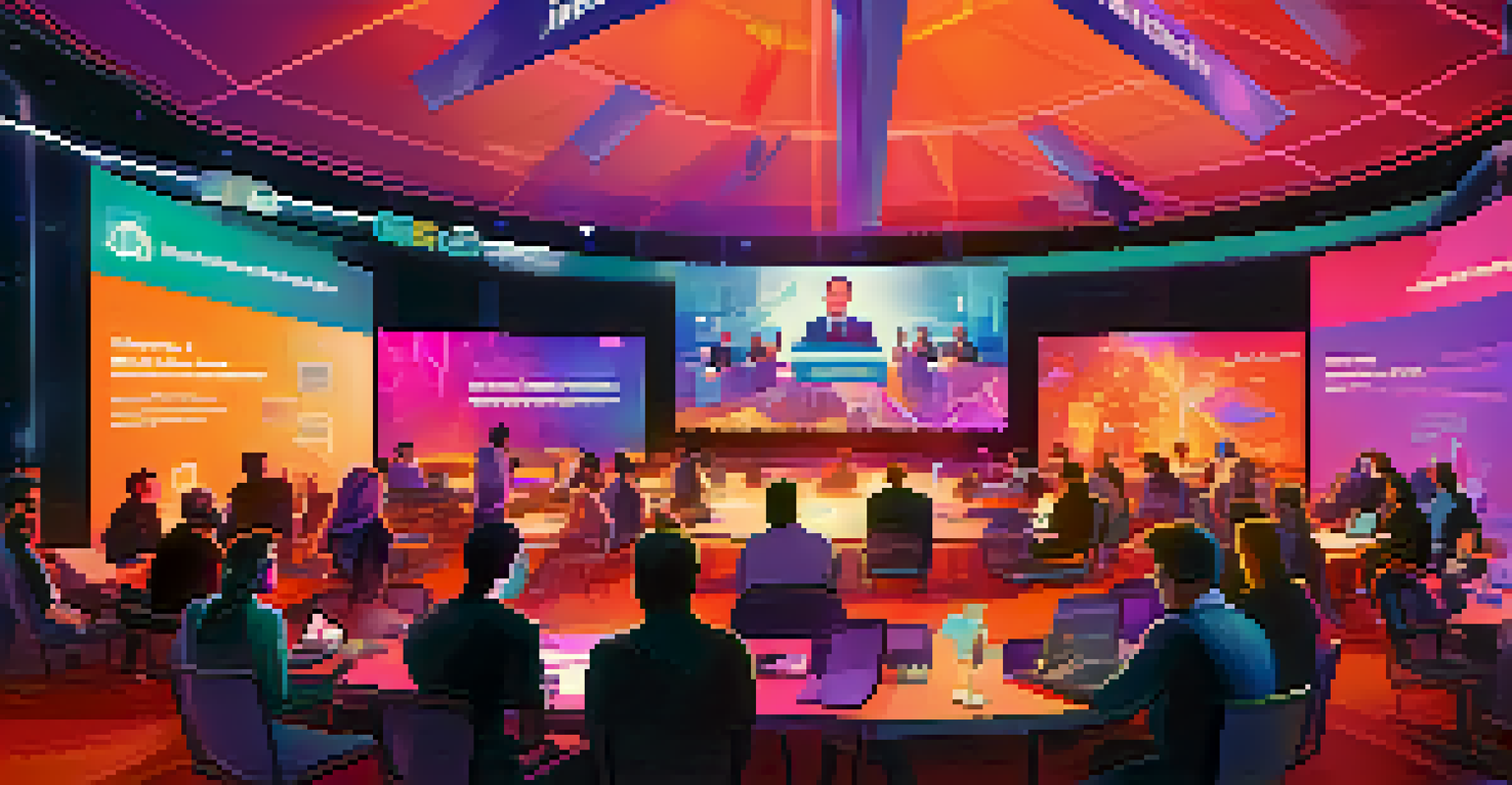 A lively virtual conference with diverse attendees discussing and interacting with digital screens showcasing NFTs.