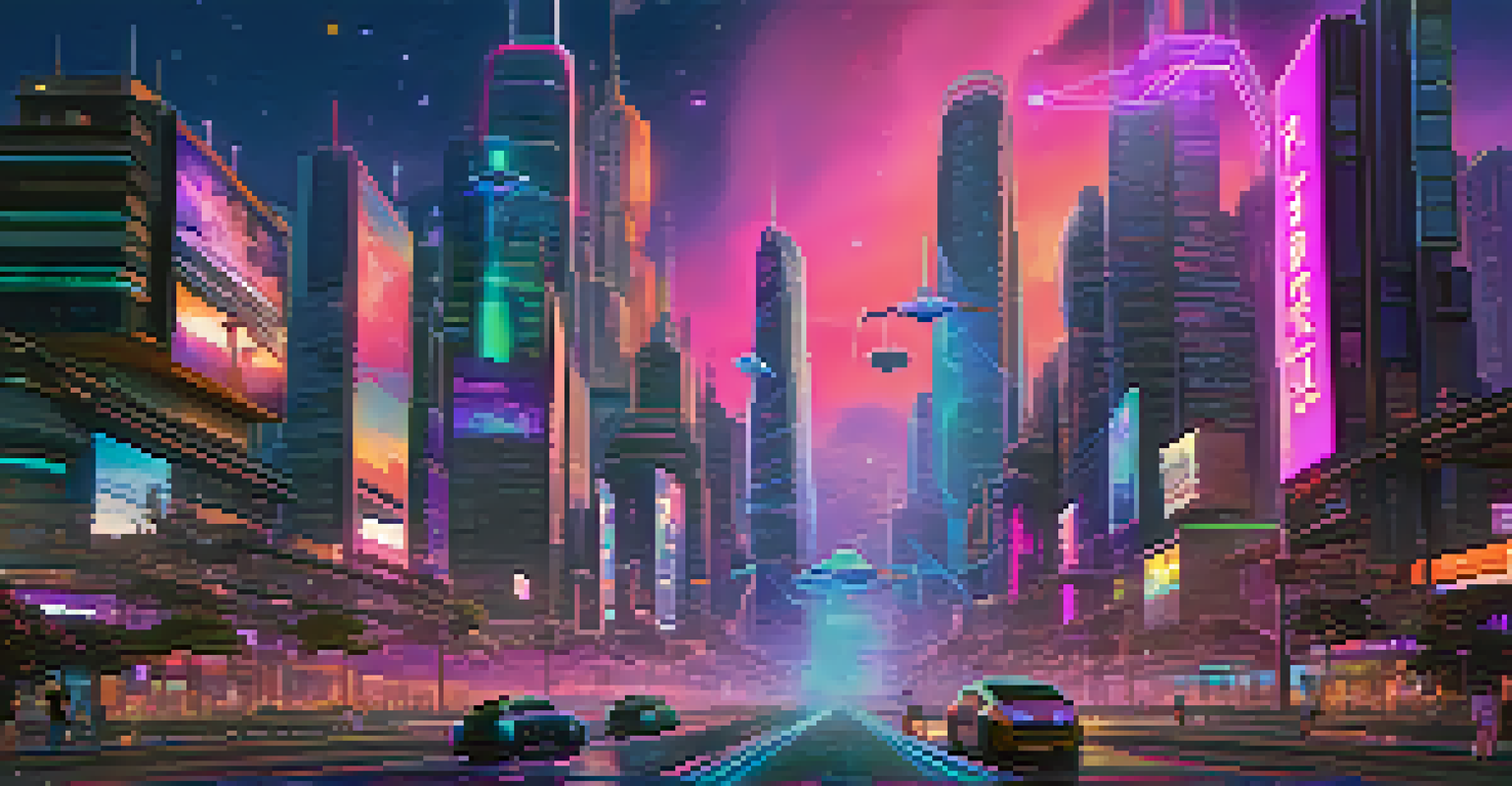 A futuristic cityscape in virtual reality with high-rise buildings, neon lights, and flying cars.