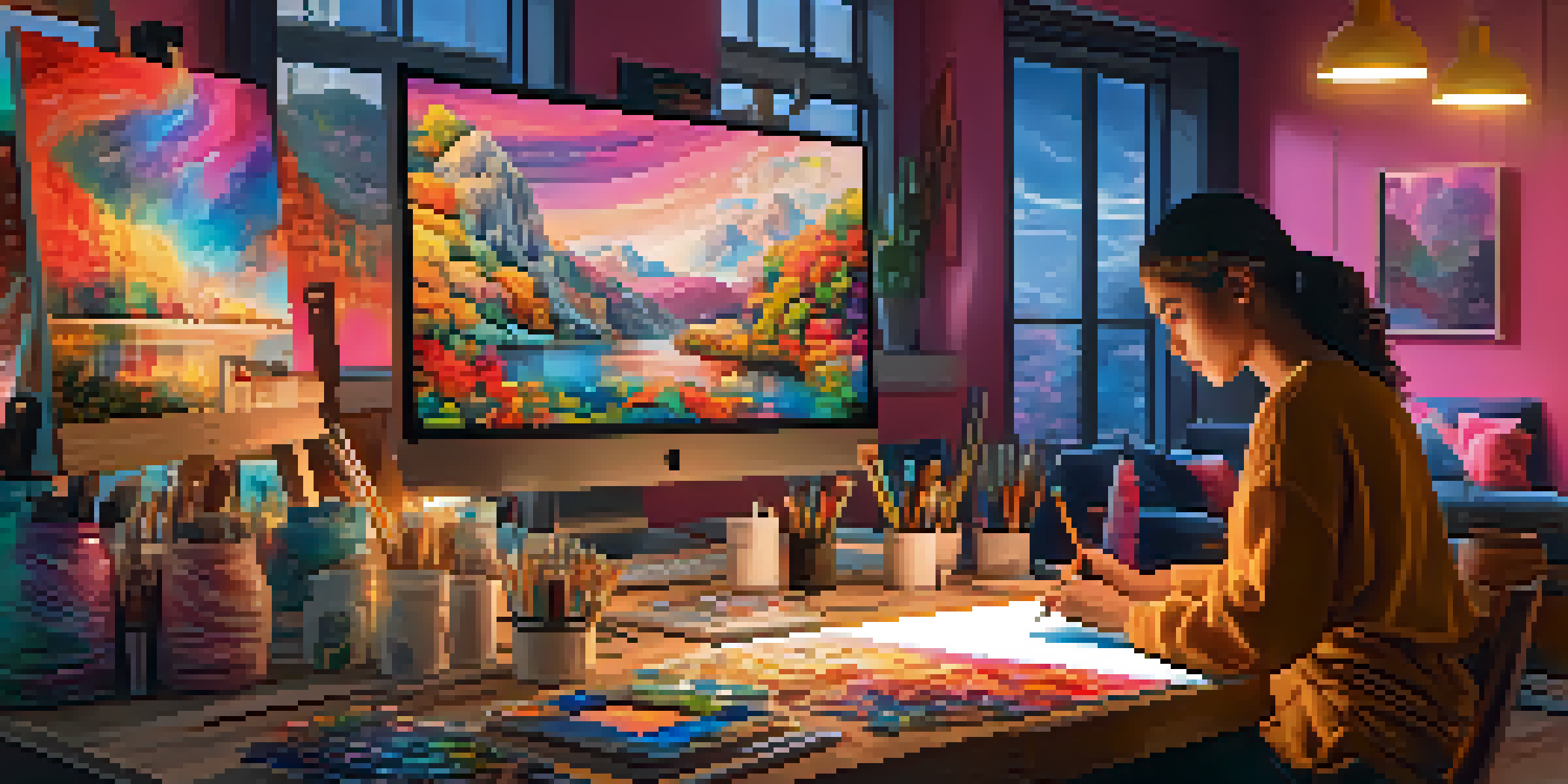 An artist in a colorful digital art studio, surrounded by canvases and art supplies, working on NFT artwork on a glowing computer screen.