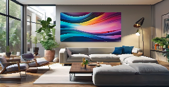 A cozy living room with a large digital artwork projected on the wall, surrounded by comfortable furniture and plants.