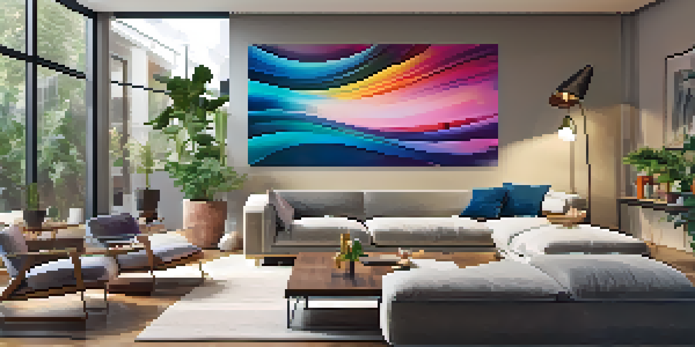 A cozy living room with a large digital artwork projected on the wall, surrounded by comfortable furniture and plants.