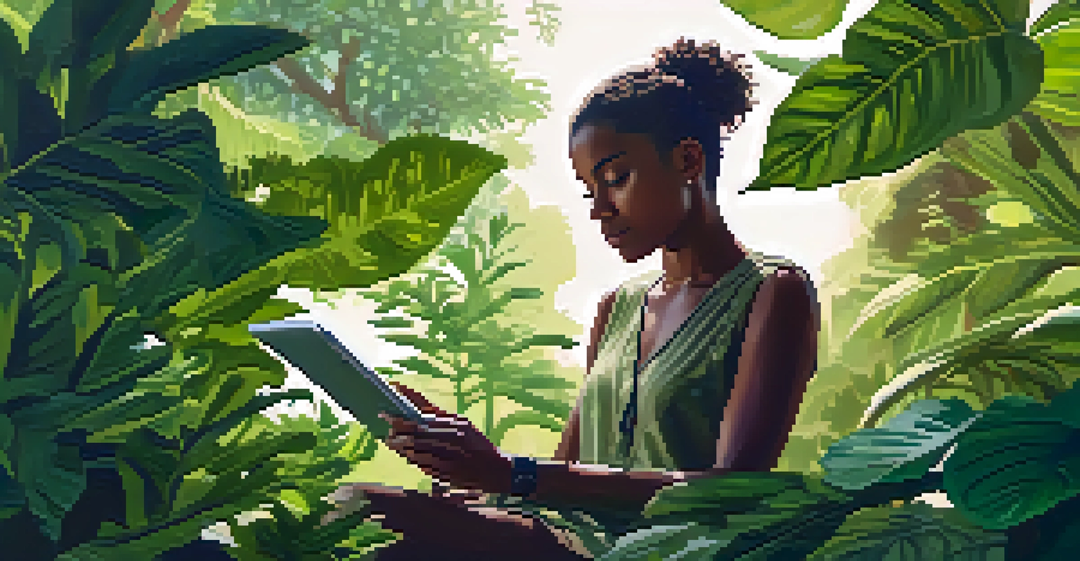 An artist creating digital art on a tablet in a green, natural setting, promoting eco-consciousness.