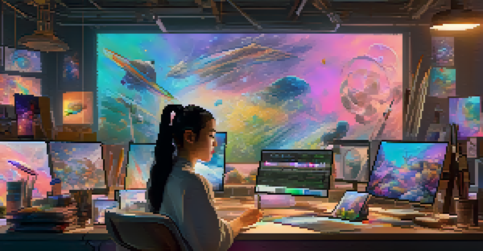 A futuristic artist's studio with a young Asian woman creating digital art on a tablet, surrounded by vibrant NFTs and natural light.