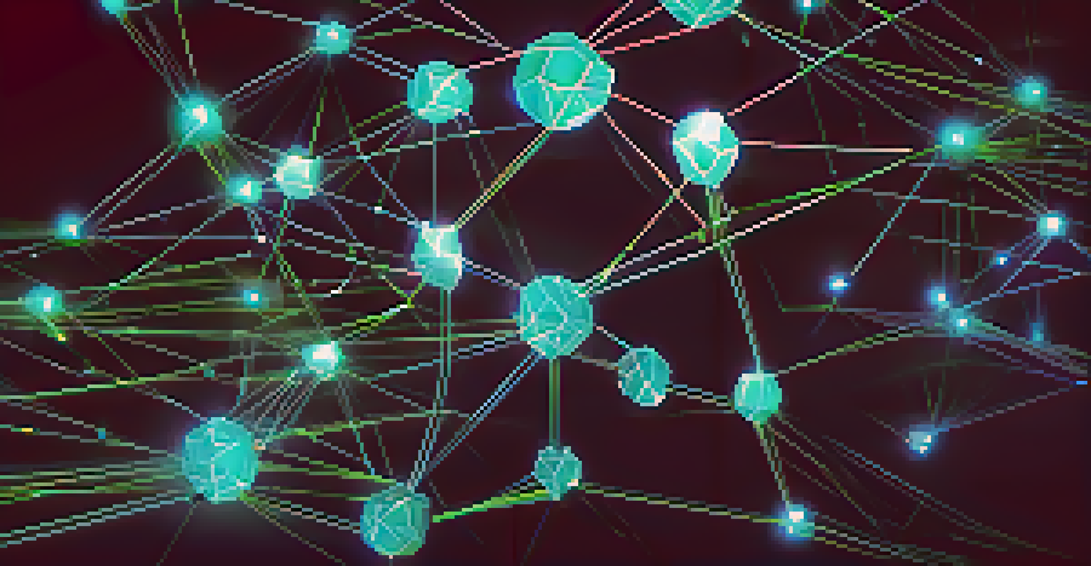 An illustration of a blockchain network with glowing nodes representing various NFTs, set against a dark gradient background.