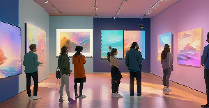 A digital art gallery with people admiring unique NFTs displayed in modern frames under soft lighting.