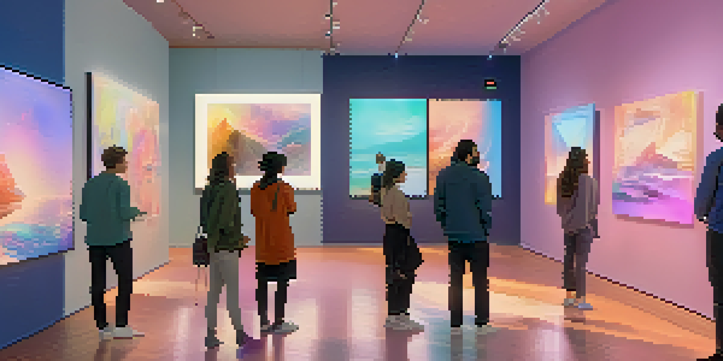 A digital art gallery with people admiring unique NFTs displayed in modern frames under soft lighting.