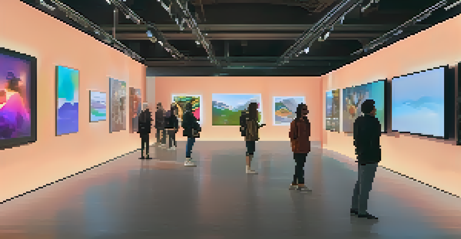 A modern art gallery showcasing diverse digital NFT artworks with visitors interacting and appreciating the pieces.