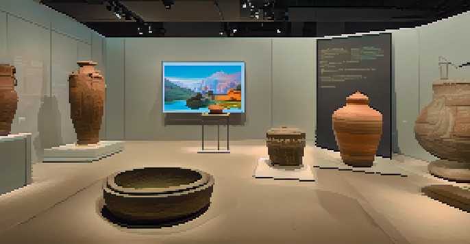 A modern museum exhibit displaying NFTs of historical artifacts with visitors interacting with holographic screens.