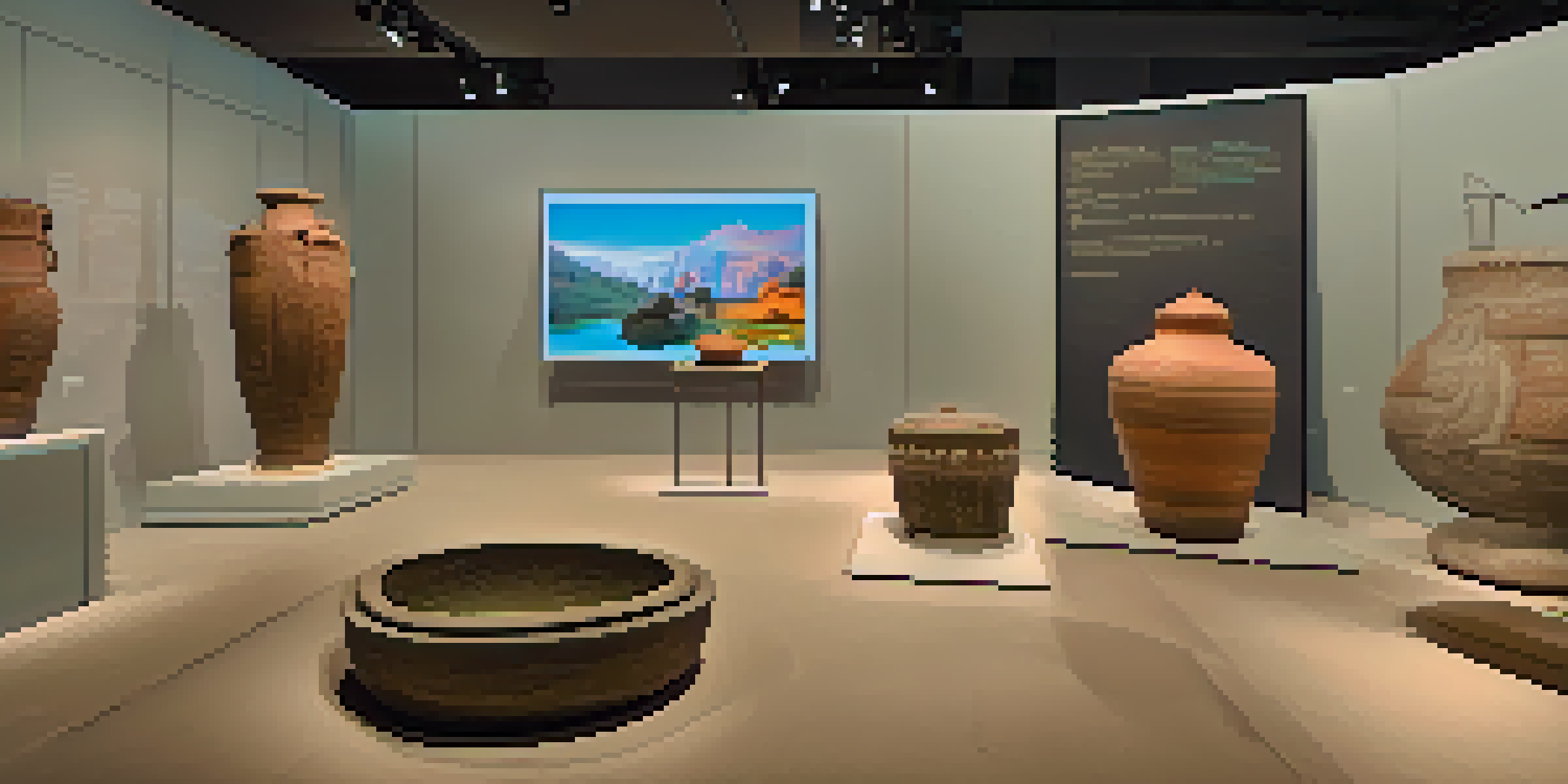 A modern museum exhibit displaying NFTs of historical artifacts with visitors interacting with holographic screens.