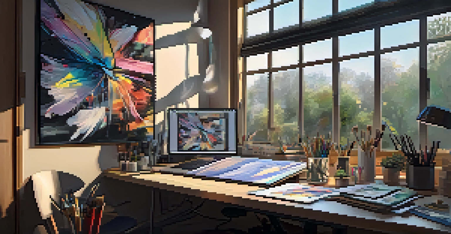 An artist's studio with a digital canvas showing NFT artwork, surrounded by art supplies and natural light filtering through a window.