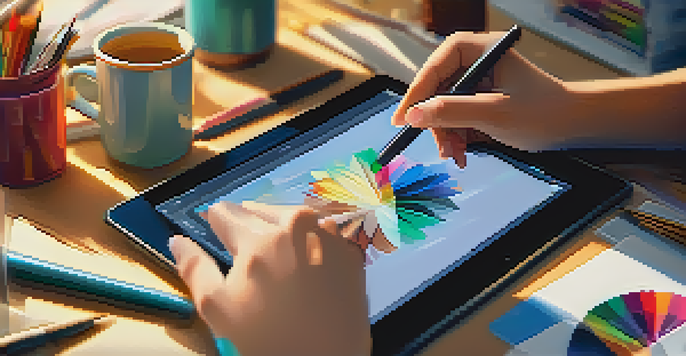 A digital artist's hands working on a tablet, with colorful digital art displayed. Tools like a stylus and color swatches are scattered around, illuminated by warm natural light.