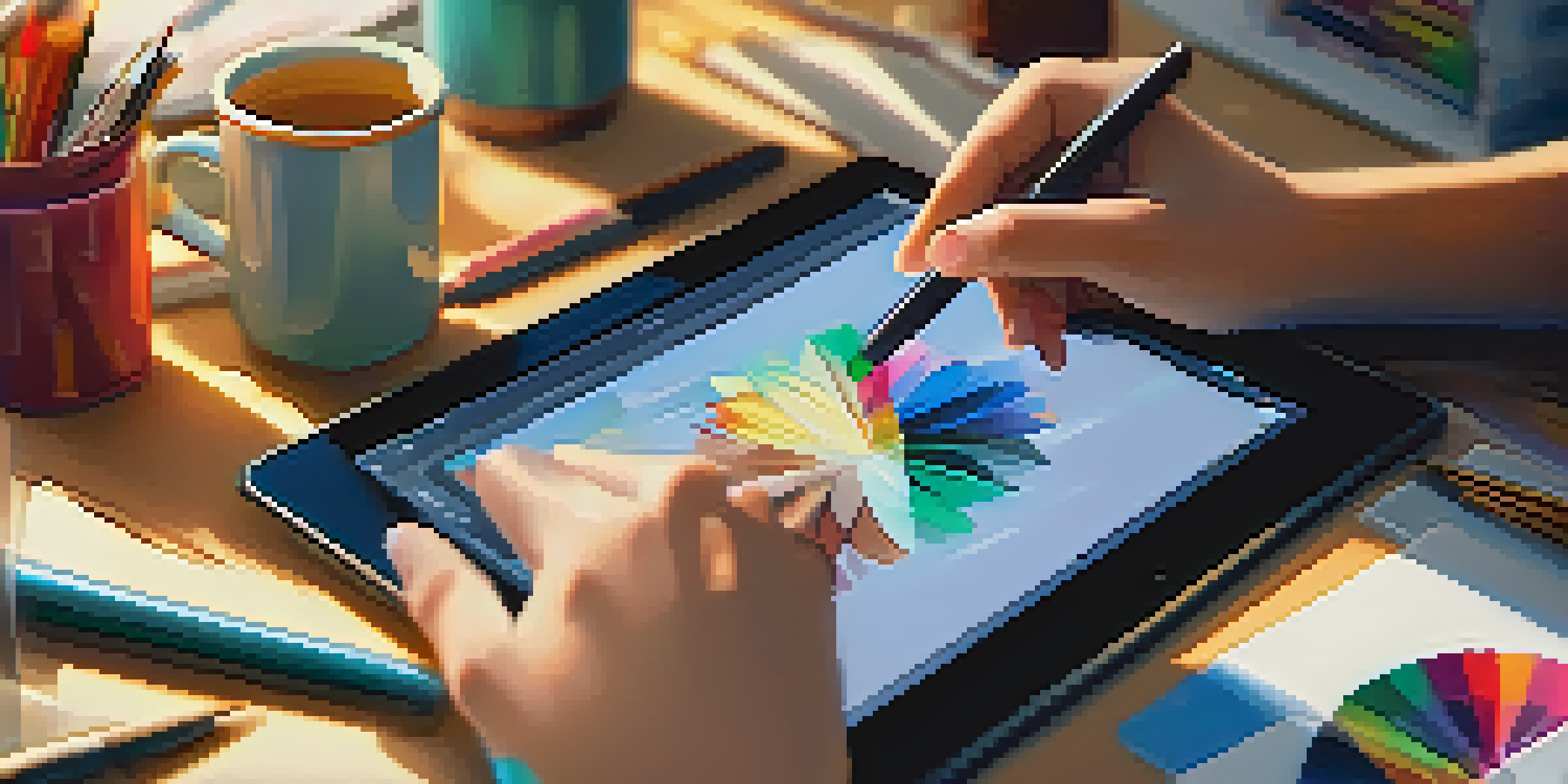 A digital artist's hands working on a tablet, with colorful digital art displayed. Tools like a stylus and color swatches are scattered around, illuminated by warm natural light.