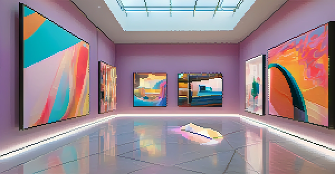 A modern digital art gallery filled with various NFT artworks displayed in glowing frames, featuring abstract designs and colorful illustrations.