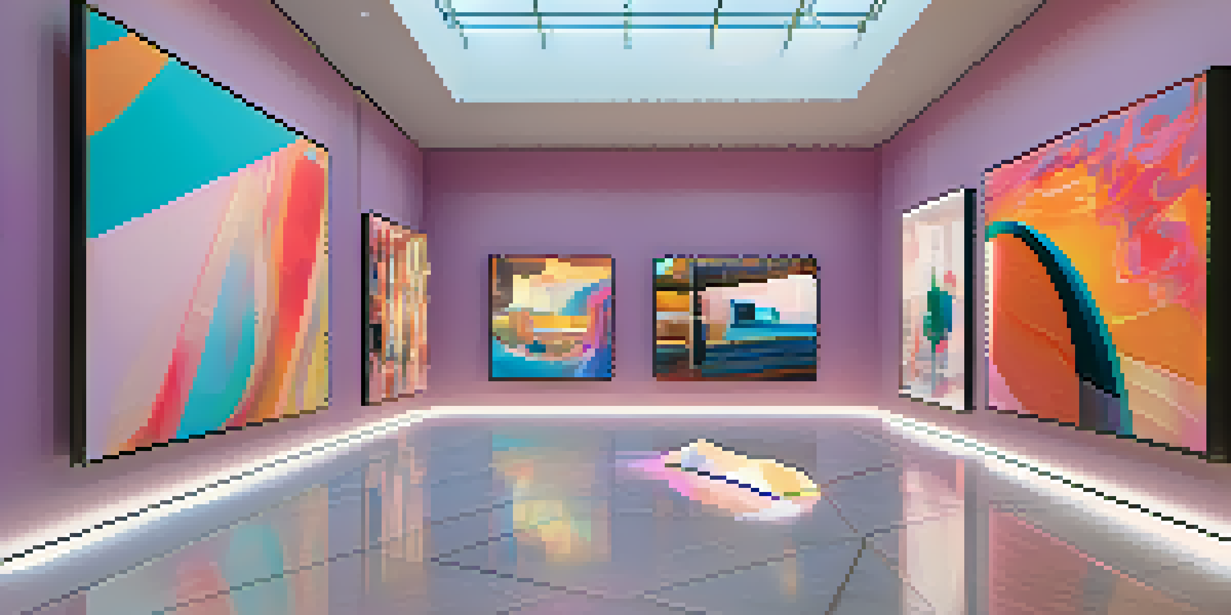 A modern digital art gallery filled with various NFT artworks displayed in glowing frames, featuring abstract designs and colorful illustrations.