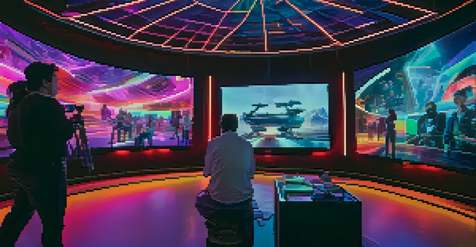 A futuristic film set featuring filmmakers using virtual reality headsets and holographic displays, illuminated by colorful lighting.