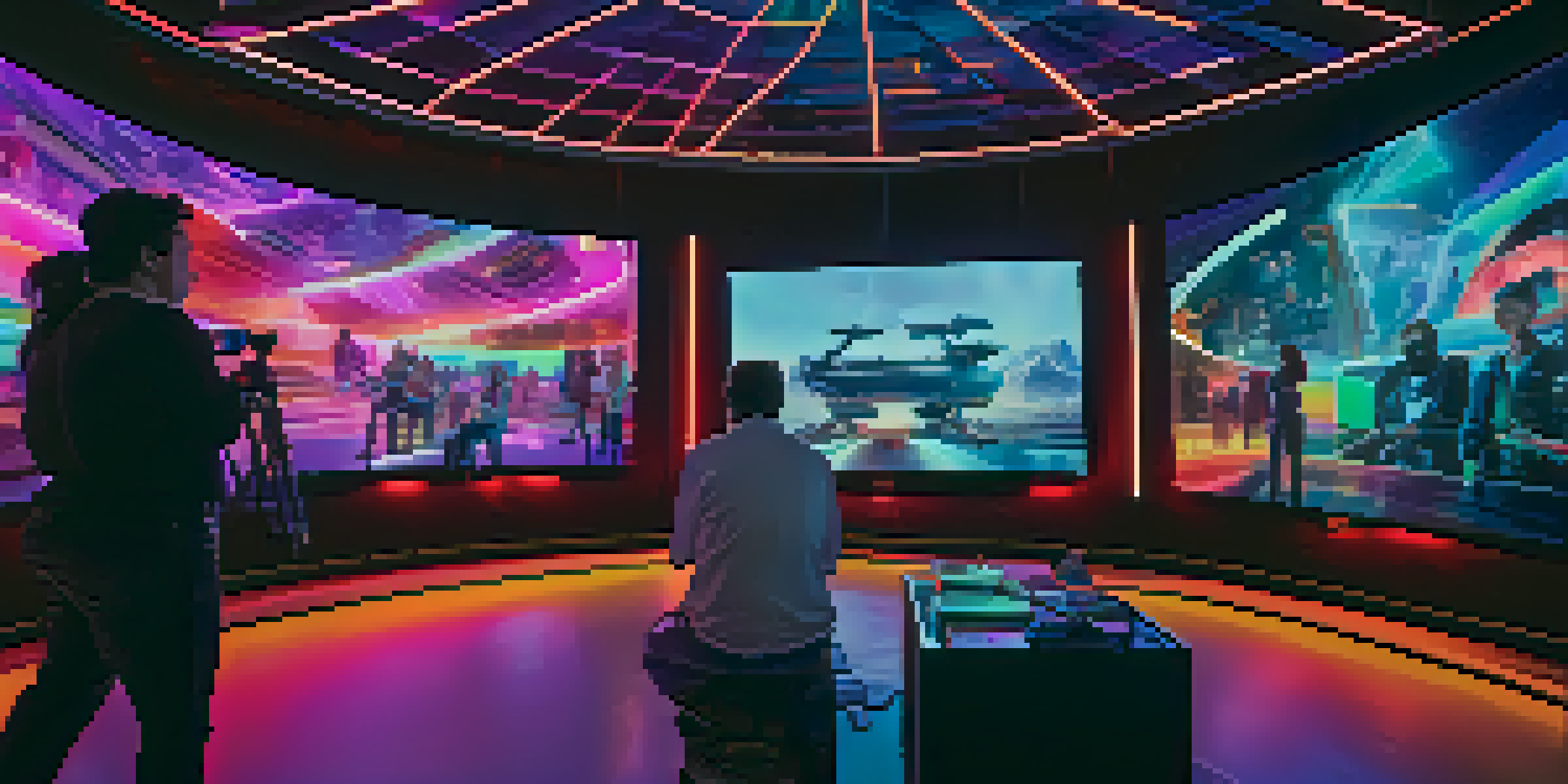 A futuristic film set featuring filmmakers using virtual reality headsets and holographic displays, illuminated by colorful lighting.