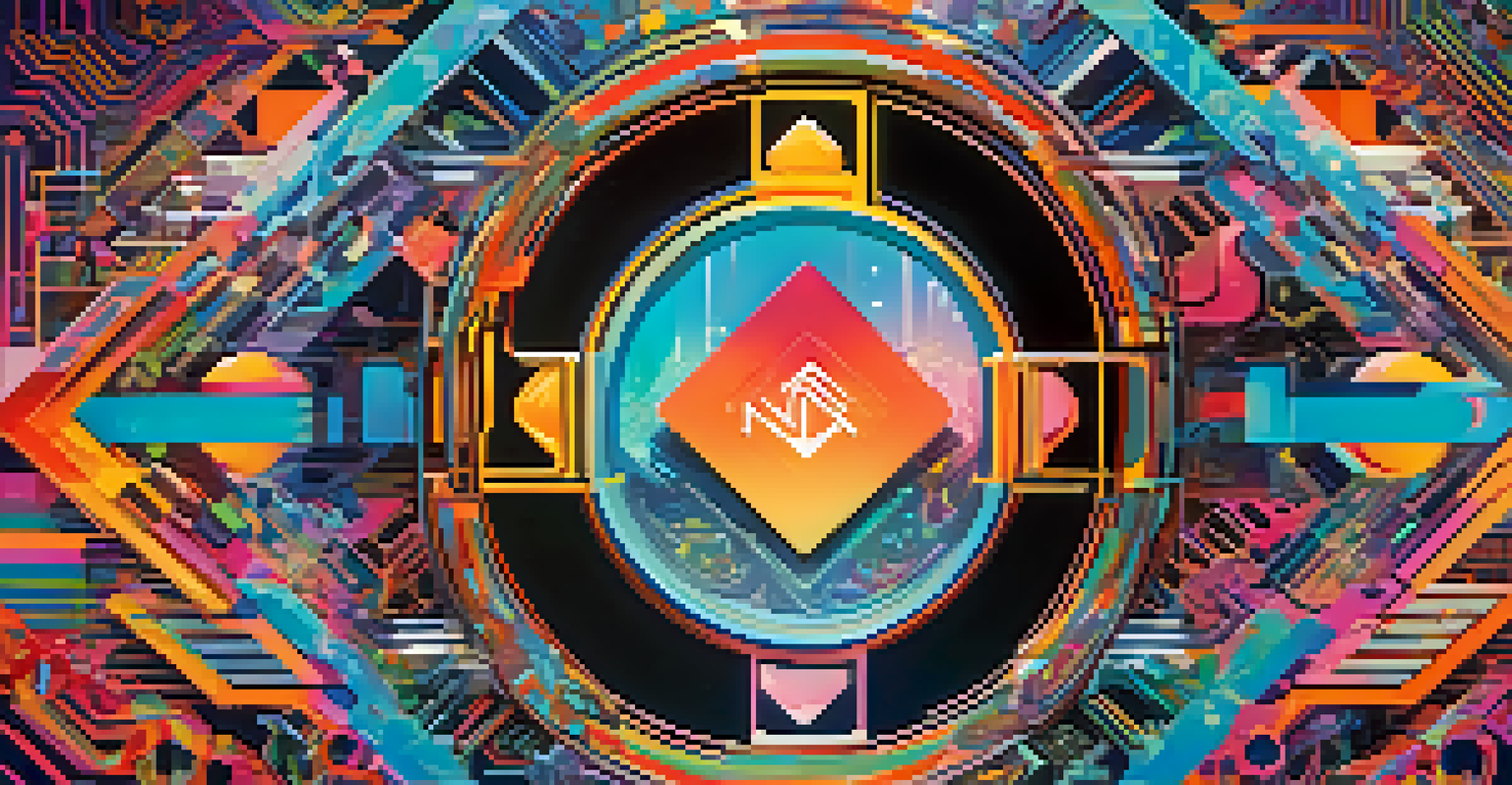 A colorful artistic representation of an NFT symbol with vibrant digital artwork and abstract blockchain graphics surrounding it.