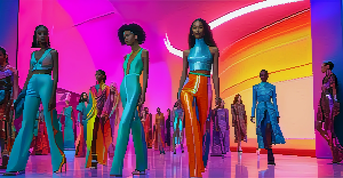 A colorful digital fashion show with models in futuristic outfits walking on a glowing runway, surrounded by a captivated audience in a virtual setting.