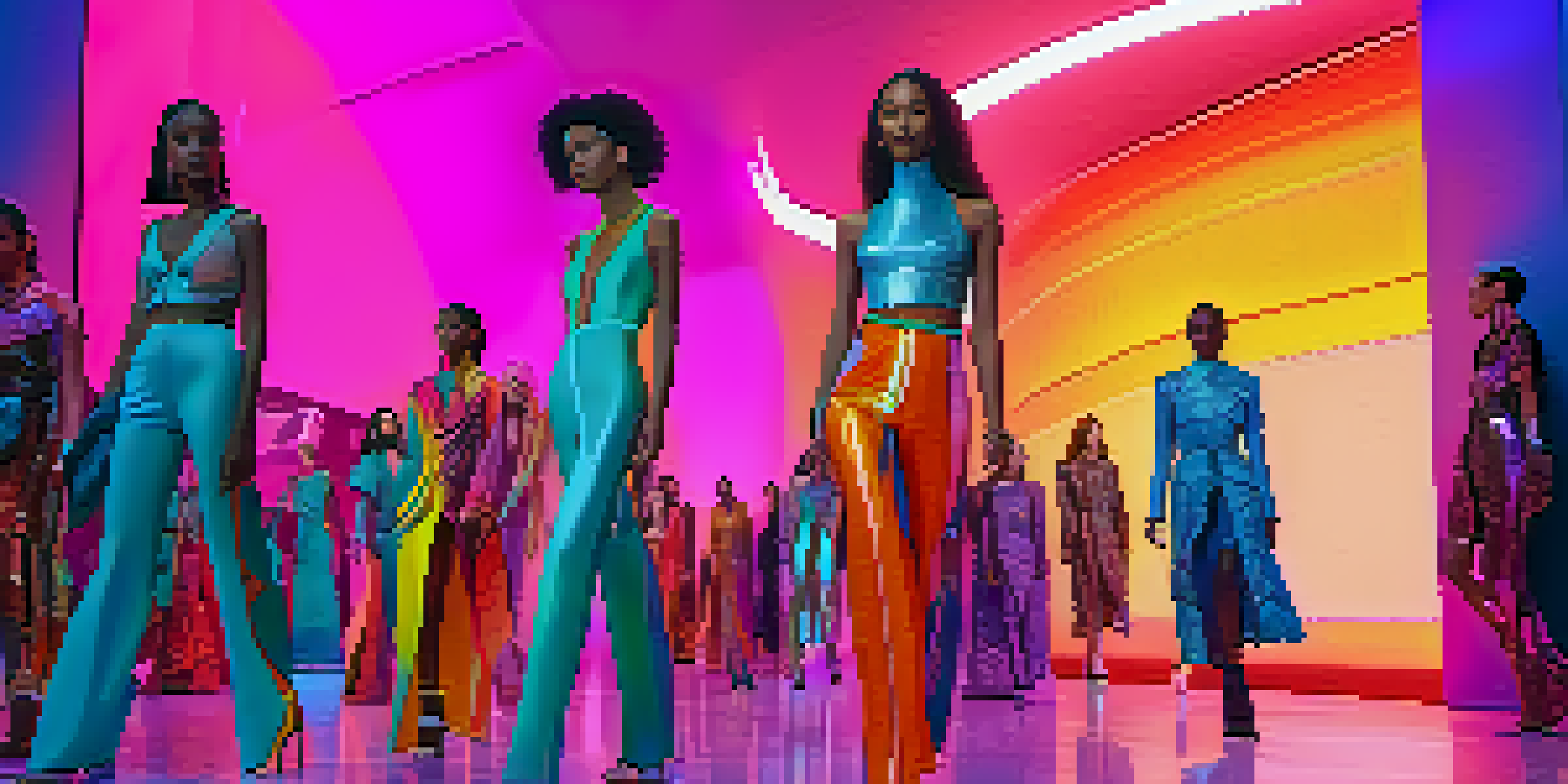 A colorful digital fashion show with models in futuristic outfits walking on a glowing runway, surrounded by a captivated audience in a virtual setting.