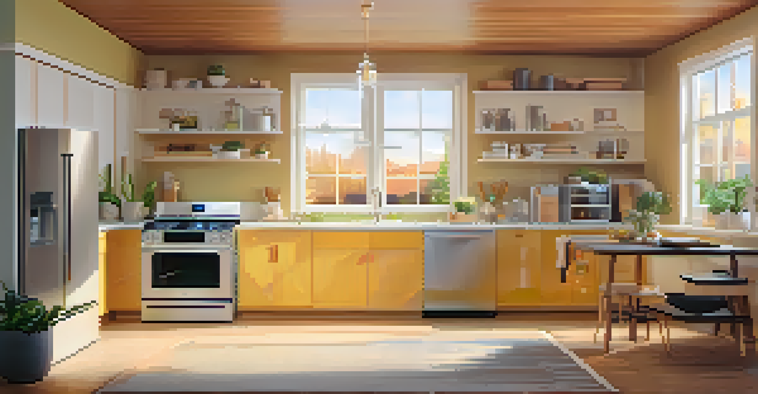 A smart home environment with digital twins of appliances highlighted by glowing outlines and a central holographic interface.