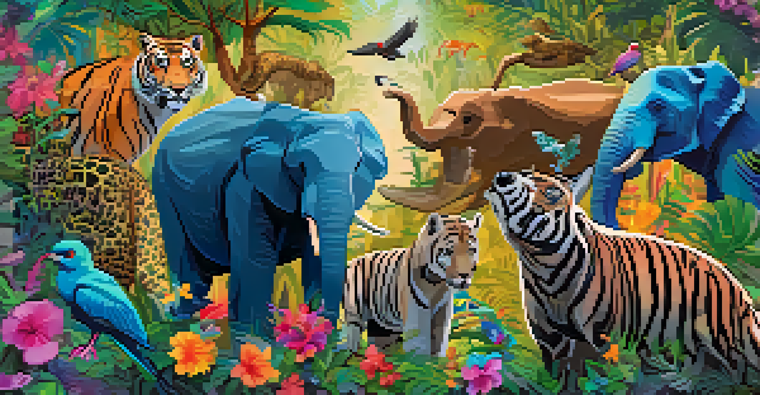 A vibrant digital artwork depicting various endangered animals in their habitats, surrounded by colorful foliage, with NFT symbols to emphasize conservation efforts.