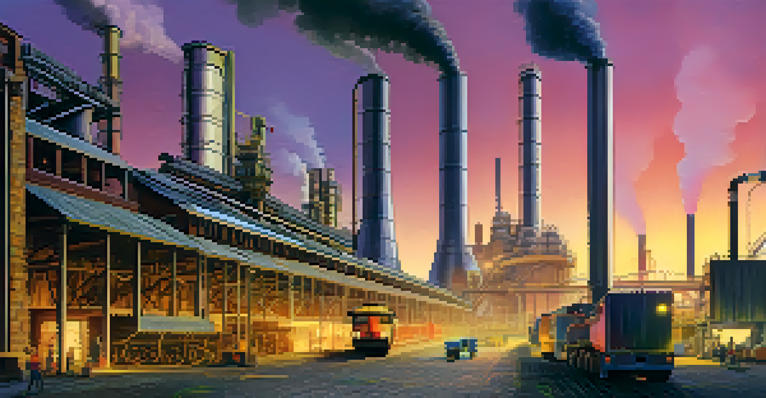 A split scene comparing NFT energy use with traditional industry, showing a factory on one side and a digital marketplace on the other.