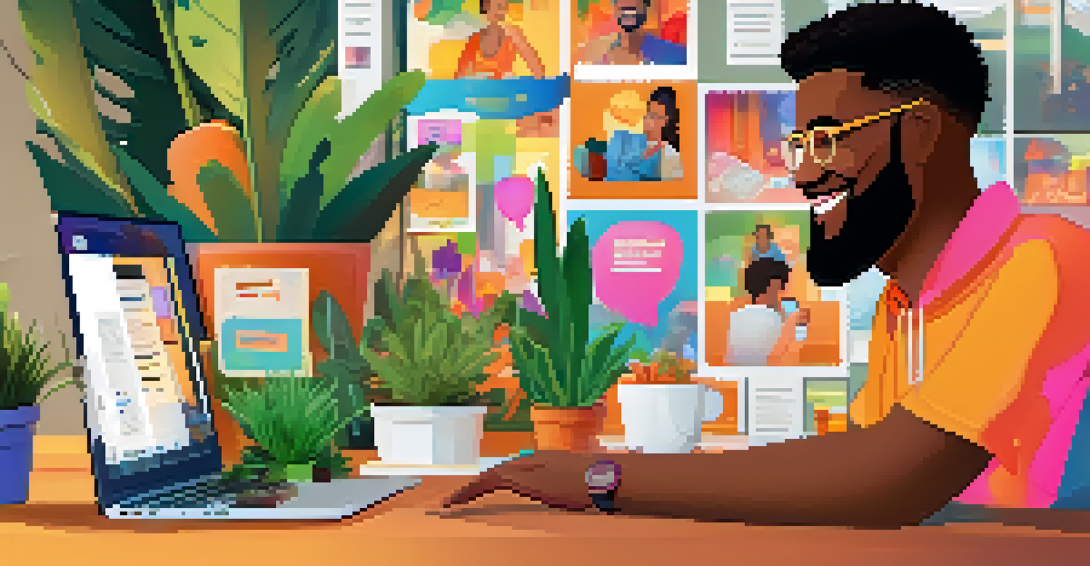 A community manager interacting with an audience through a laptop, surrounded by a cozy workspace.