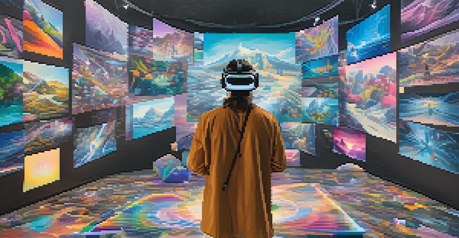 An artist in virtual reality surrounded by floating NFTs of their artwork, highlighting creativity and technology.