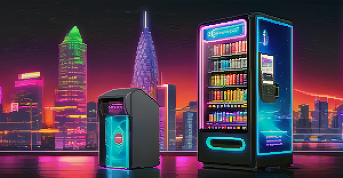 A high-tech digital vending machine with neon lights and cryptocurrencies, in a futuristic city setting.