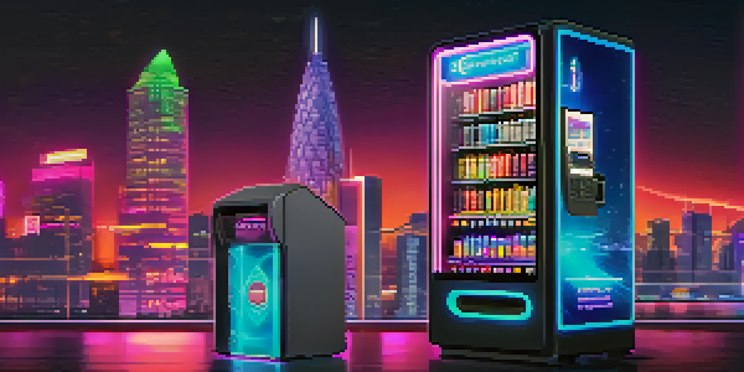 A high-tech digital vending machine with neon lights and cryptocurrencies, in a futuristic city setting.