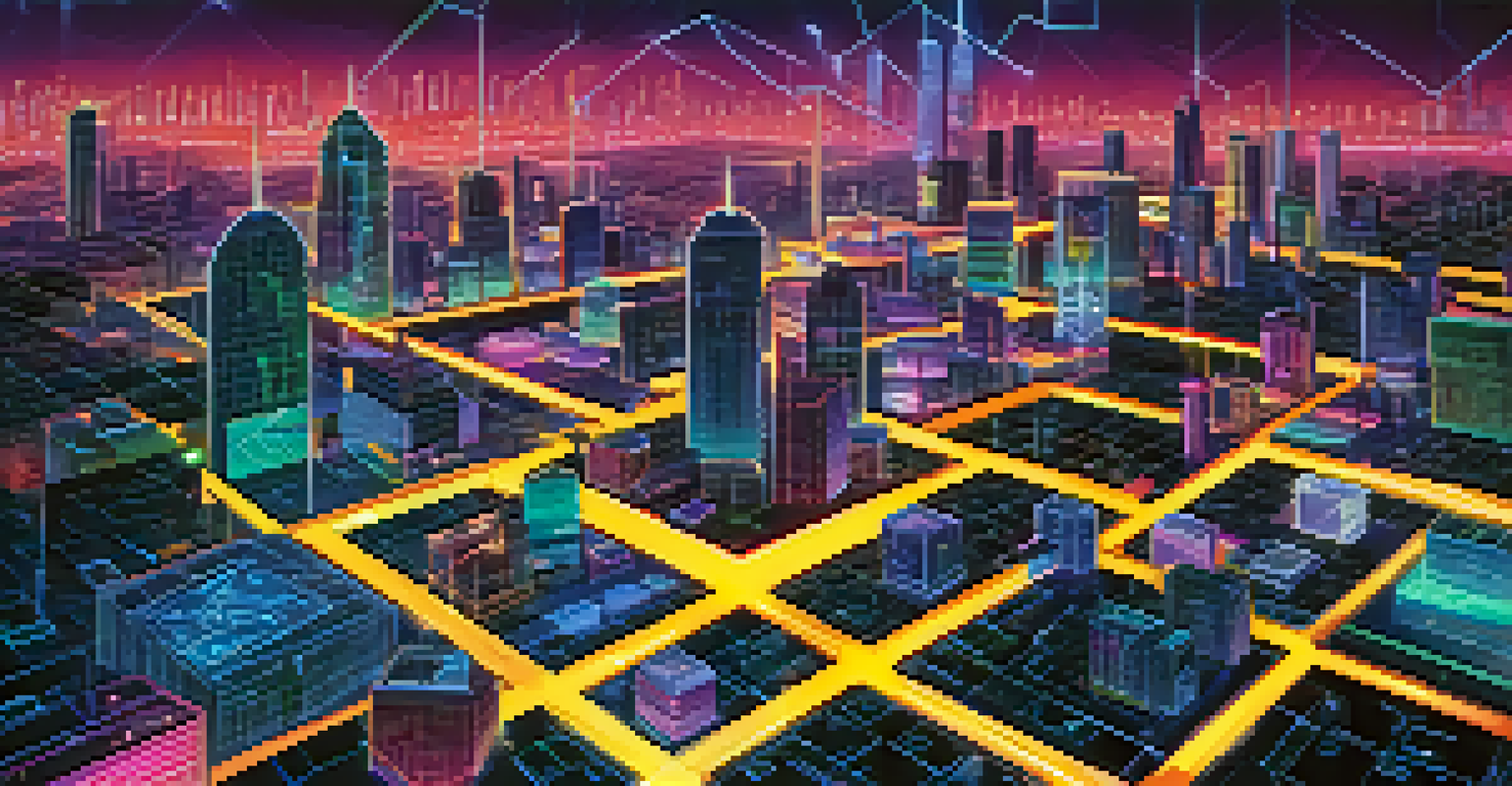 An abstract geometric representation of decentralized finance with a blockchain grid and neon-lit city skyline.