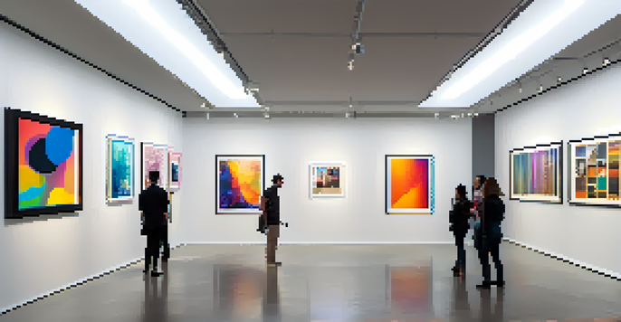 A modern art gallery filled with digital artworks, showcasing diverse visitors engaging with various NFTs displayed on sleek frames.