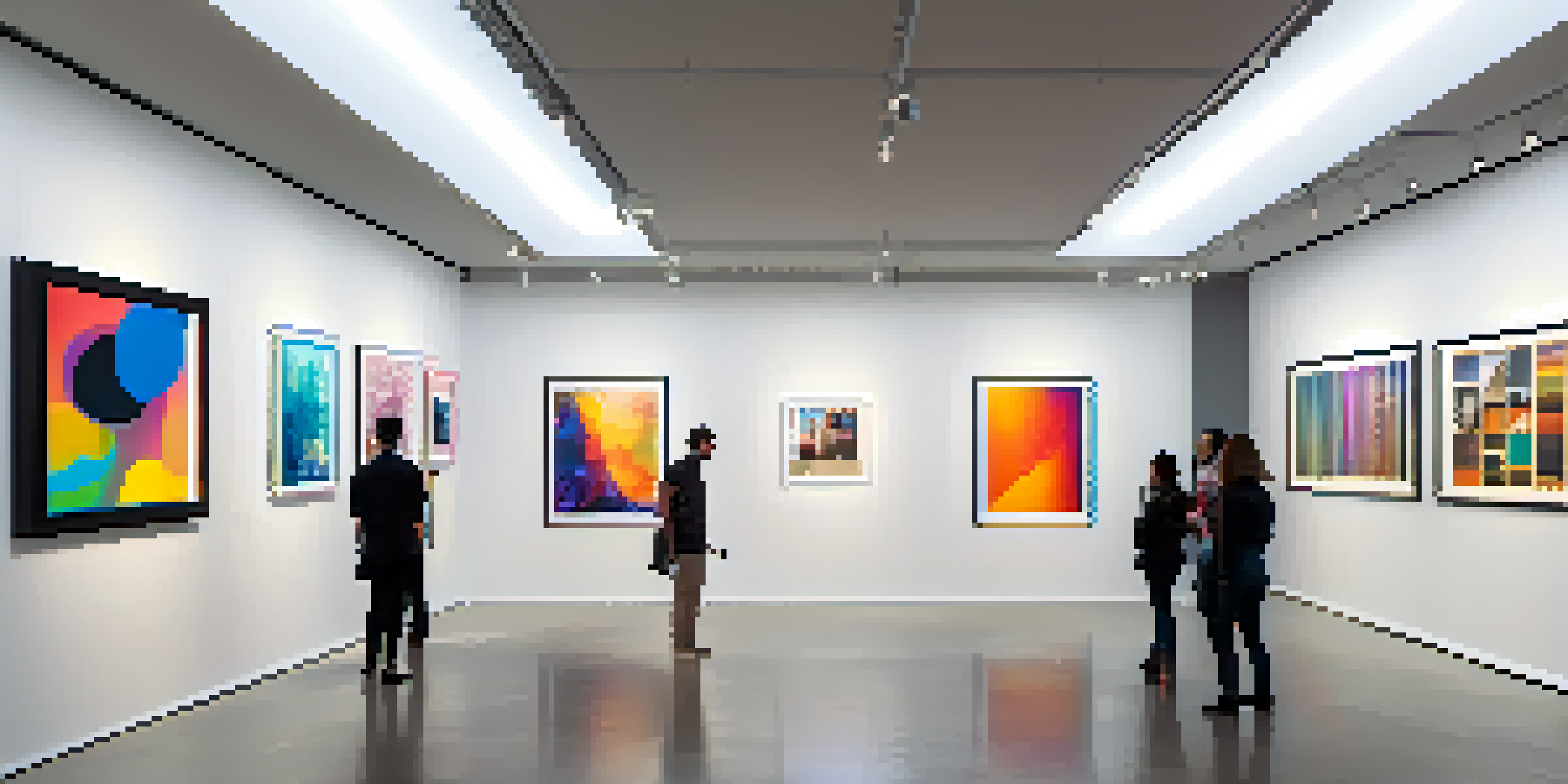 A modern art gallery filled with digital artworks, showcasing diverse visitors engaging with various NFTs displayed on sleek frames.
