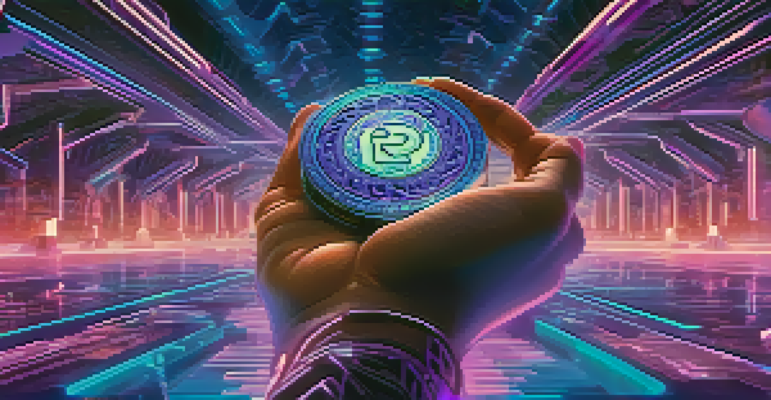 A hand holding a glowing NFT token with holographic digital art in the background, illuminated by blue and purple lights.