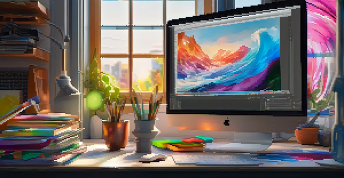 A digital artist's workspace with a monitor displaying NFT art, surrounded by sketches and digital tablets, illuminated by soft natural light.