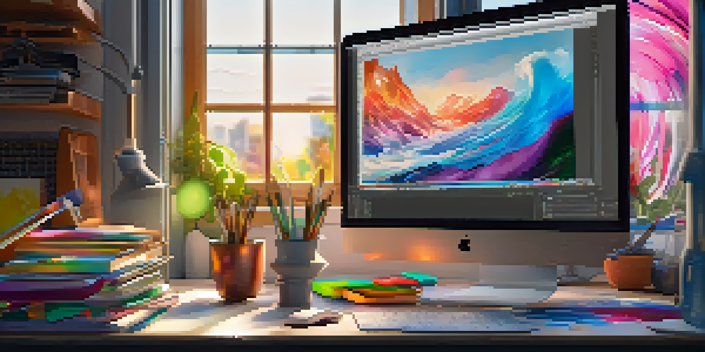 A digital artist's workspace with a monitor displaying NFT art, surrounded by sketches and digital tablets, illuminated by soft natural light.