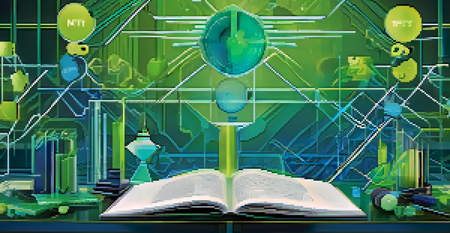 An abstract representation of NFT licensing agreements with contracts and digital tokens.