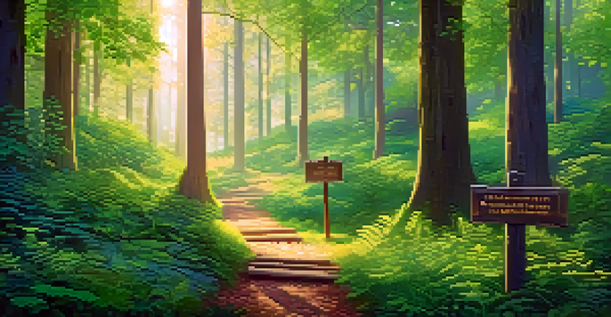 A vibrant forest scene with sunlight filtering through the trees, featuring a wooden signpost leading to a digital art gallery displaying colorful NFTs.