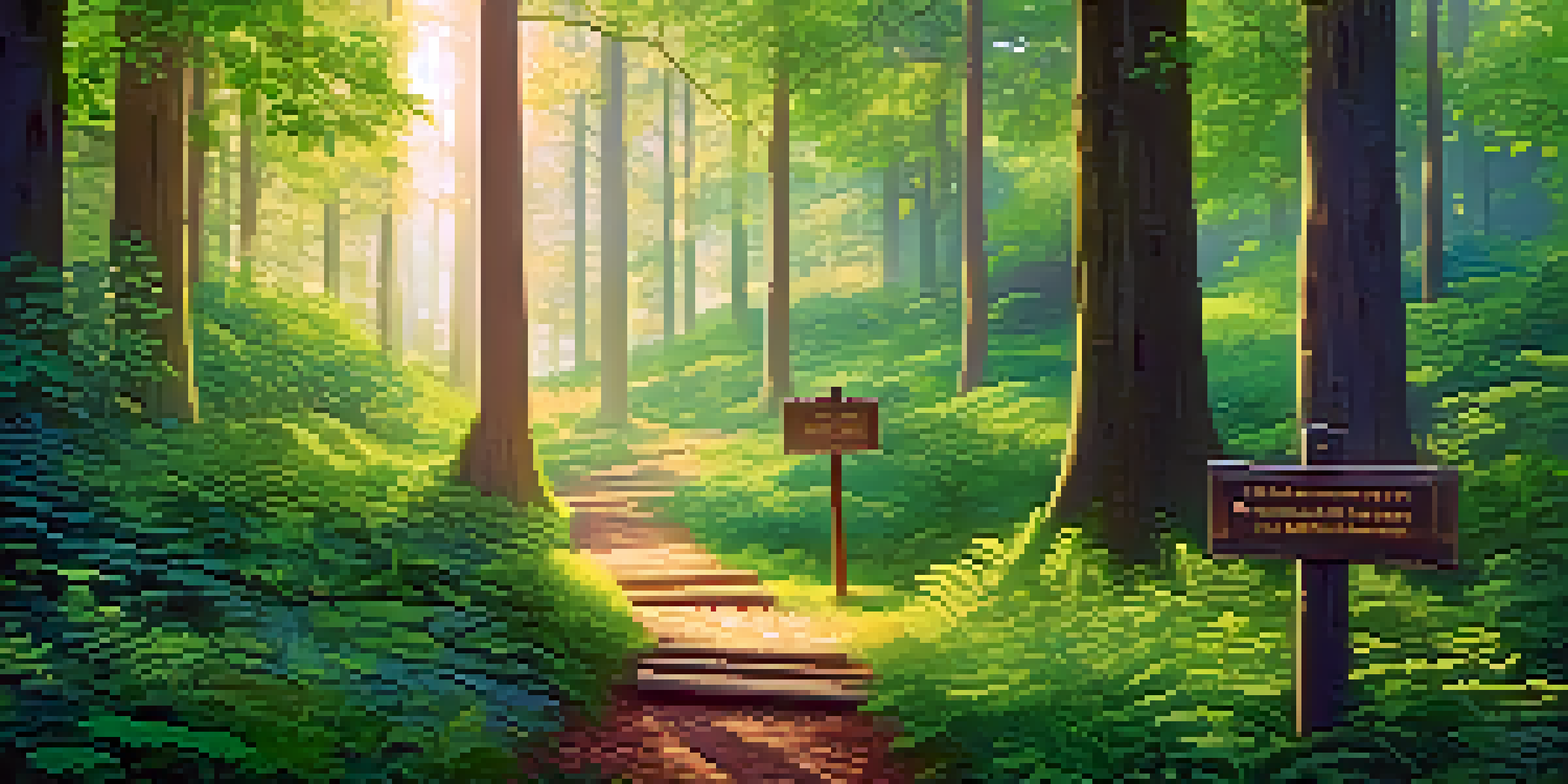 A vibrant forest scene with sunlight filtering through the trees, featuring a wooden signpost leading to a digital art gallery displaying colorful NFTs.