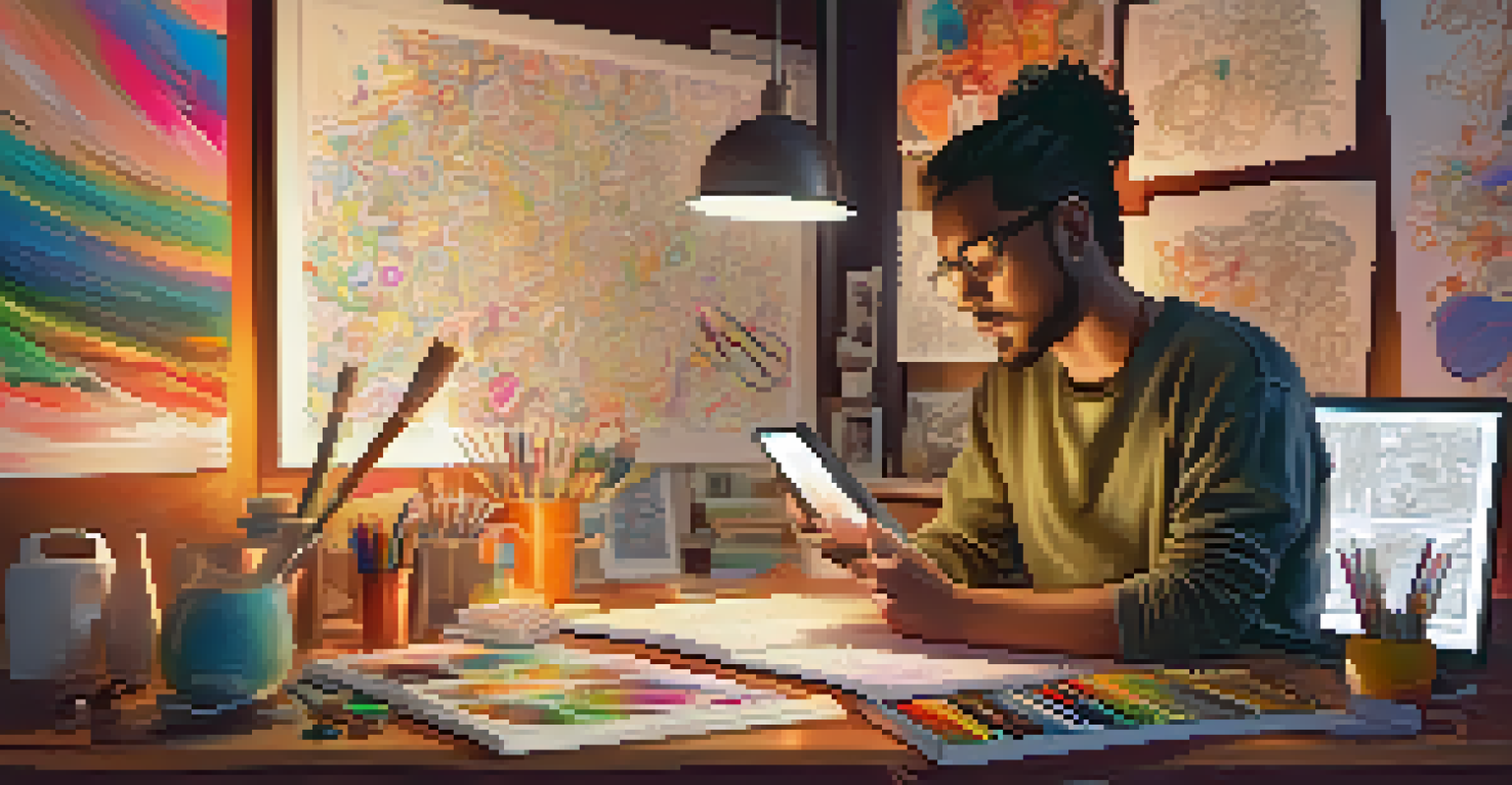 A digital artist working on a tablet, surrounded by sketches and colorful artworks.