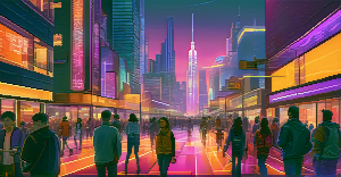 A futuristic cityscape at dusk with neon lights and people interacting with holographic displays.